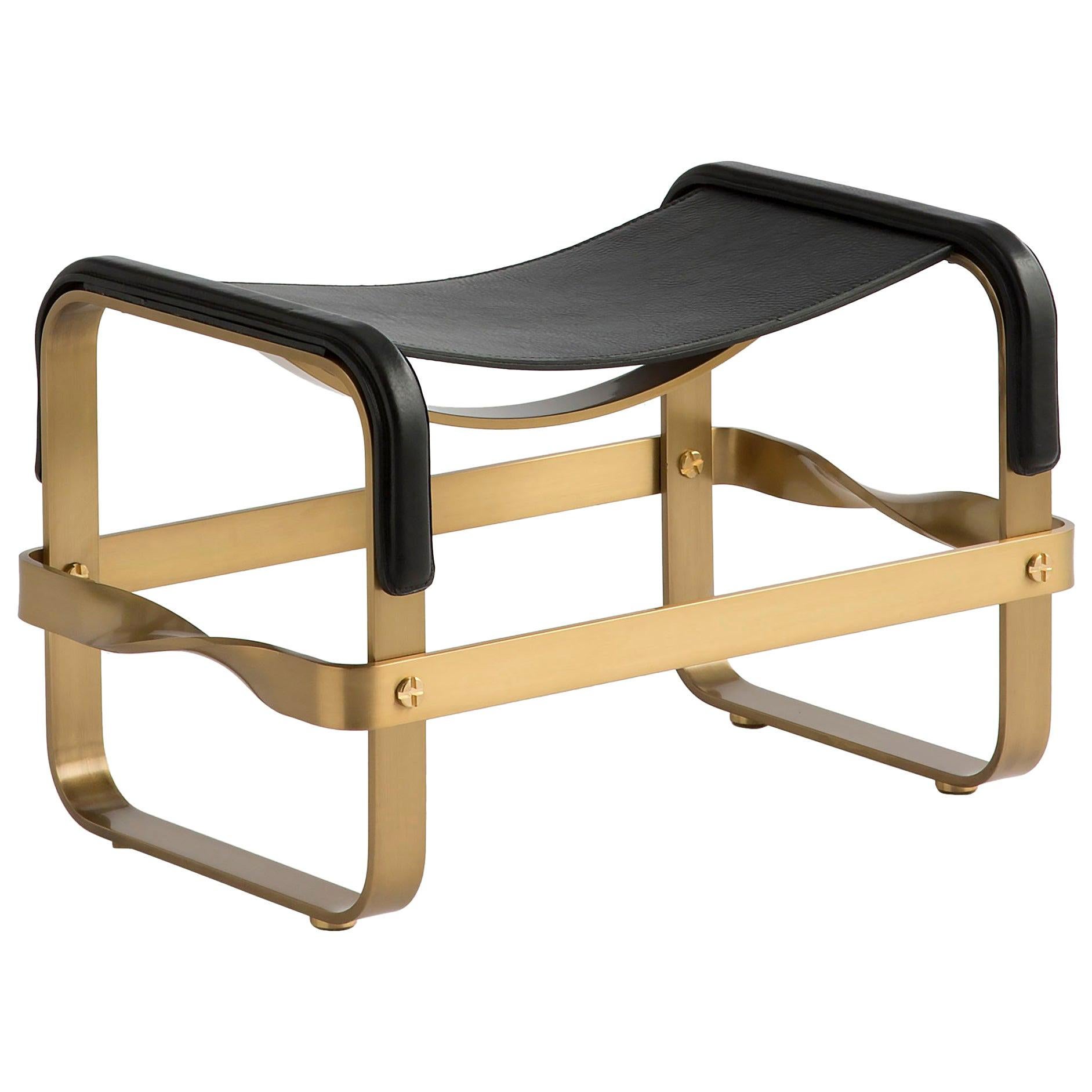 Footstool Aged Brass Steel & Black Leather, Modern Style, Wanderlust