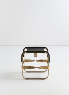 Set of 2 Footstool Aged Brass Steel & Black Leather, Contemporary Style