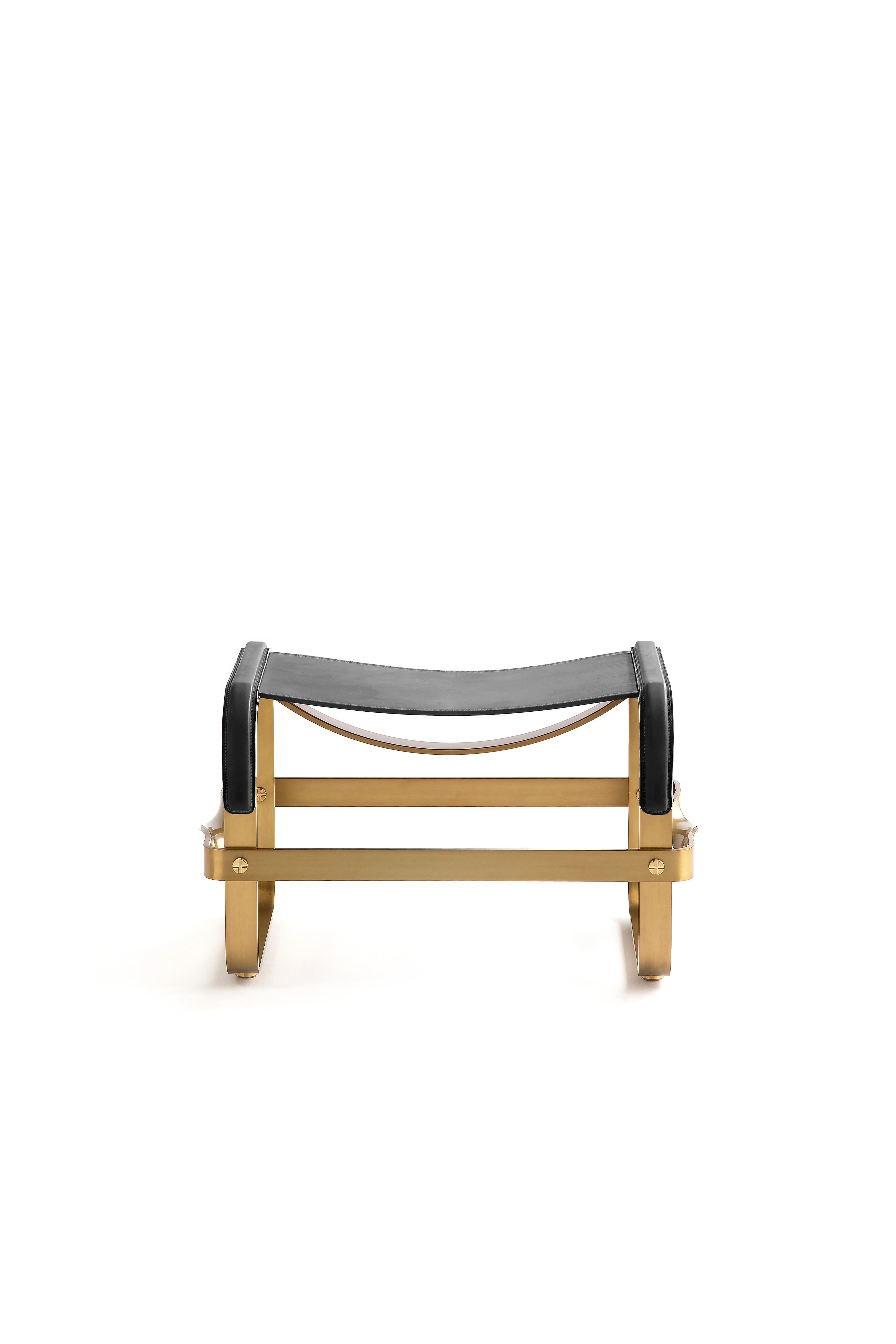 Modern Set of 2 Footstool Aged Brass Steel & Black Leather, Contemporary Style For Sale