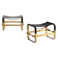 Set of 2 Footstool Aged Brass Steel & Black Leather, Contemporary Style
