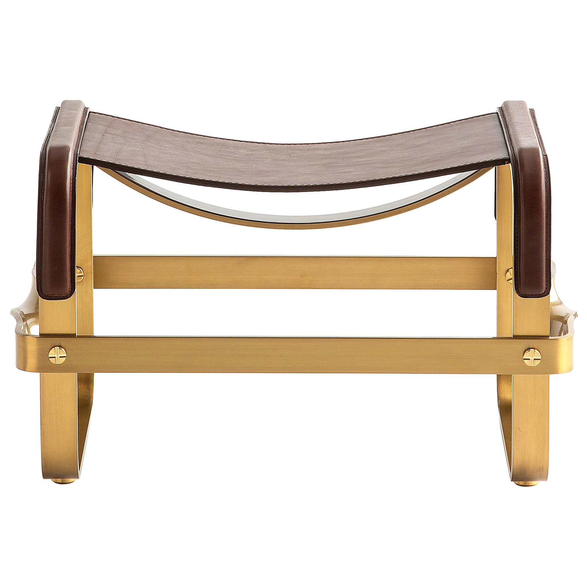 Footstool Aged Brass Steel and Brown Leather, Contemporary Style