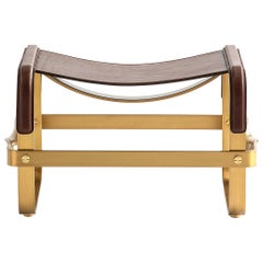 Footstool Aged Brass Steel and Brown Leather, Contemporary Style