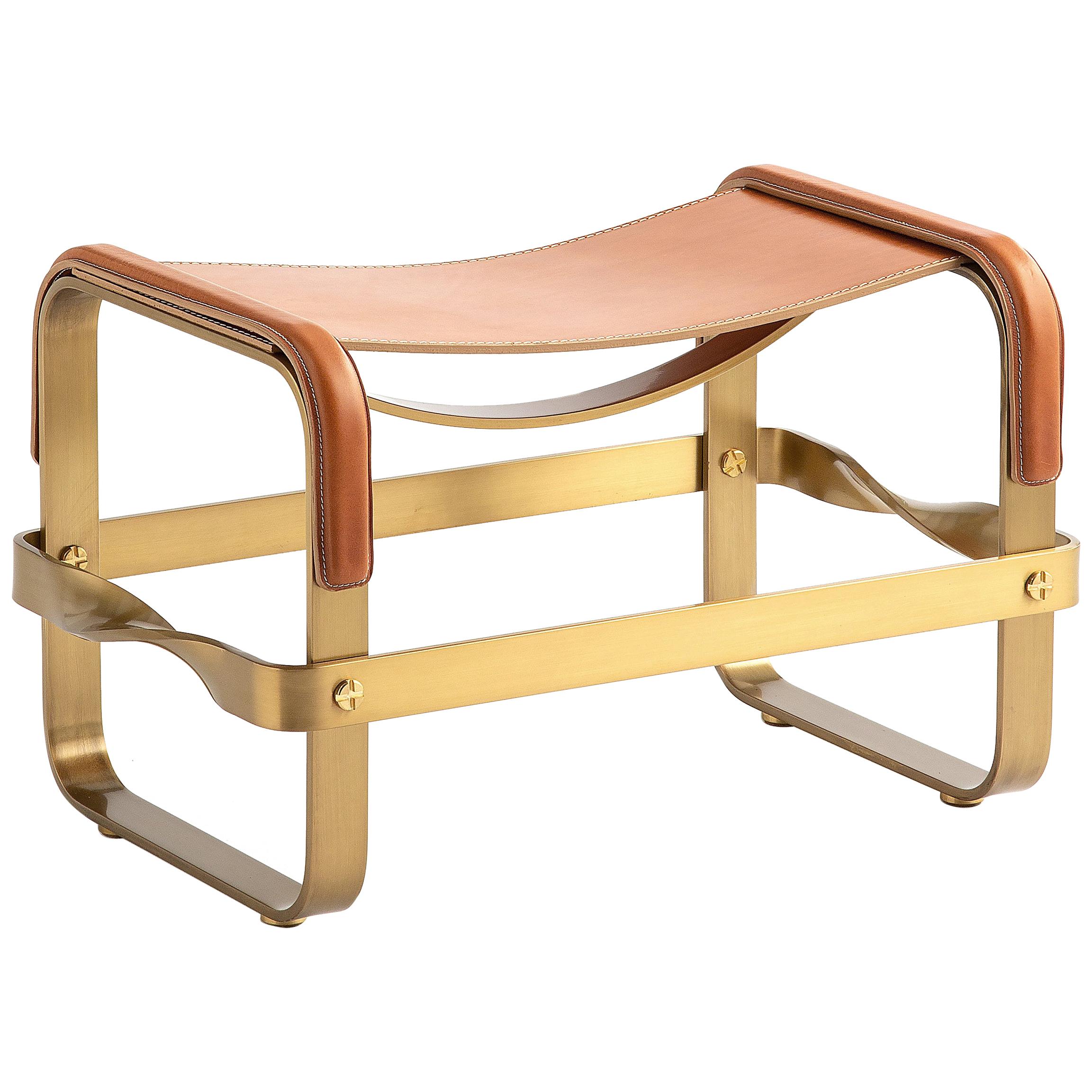 Footstool Aged Brass Steel and Natural Leather, Contemporary Style