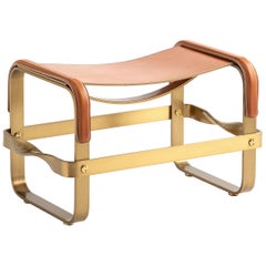 Footstool Aged Brass Steel and Natural Leather, Contemporary Style