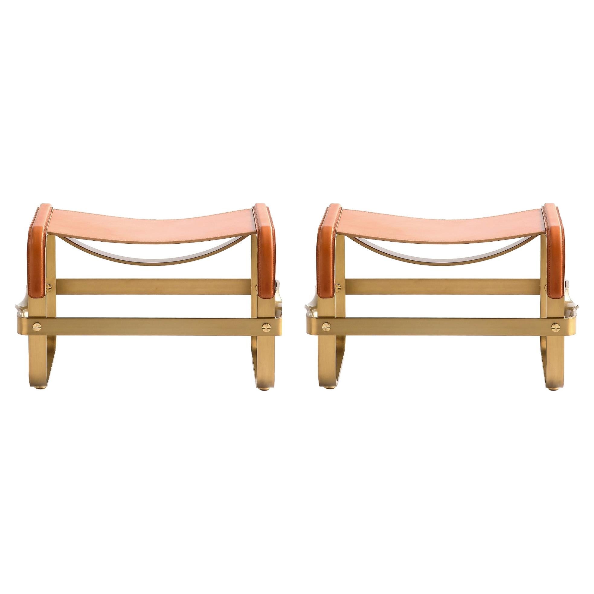 Set of 2 Footstool Aged Brass Steel & Natural Leather, Contemporary Style  For Sale