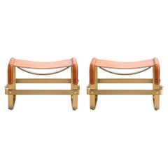 Set of 2 Footstool Aged Brass Steel & Natural Leather, Contemporary Style 