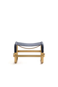 Footstool Aged Brass Steel & Navy Blue Leather, Contemporary Style