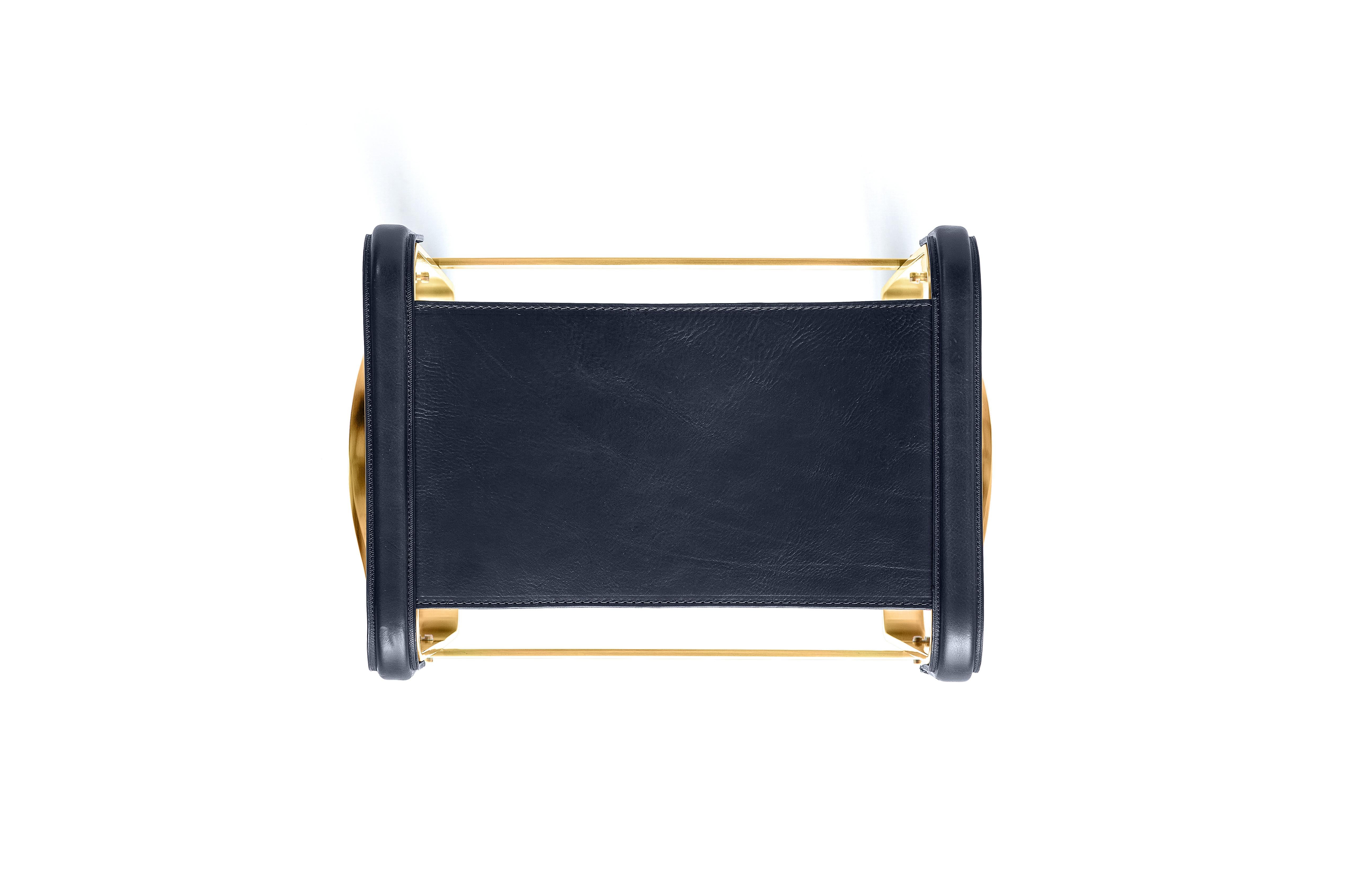 Modern Footstool Aged Brass Steel & Navy Blue Leather, Contemporary Style For Sale