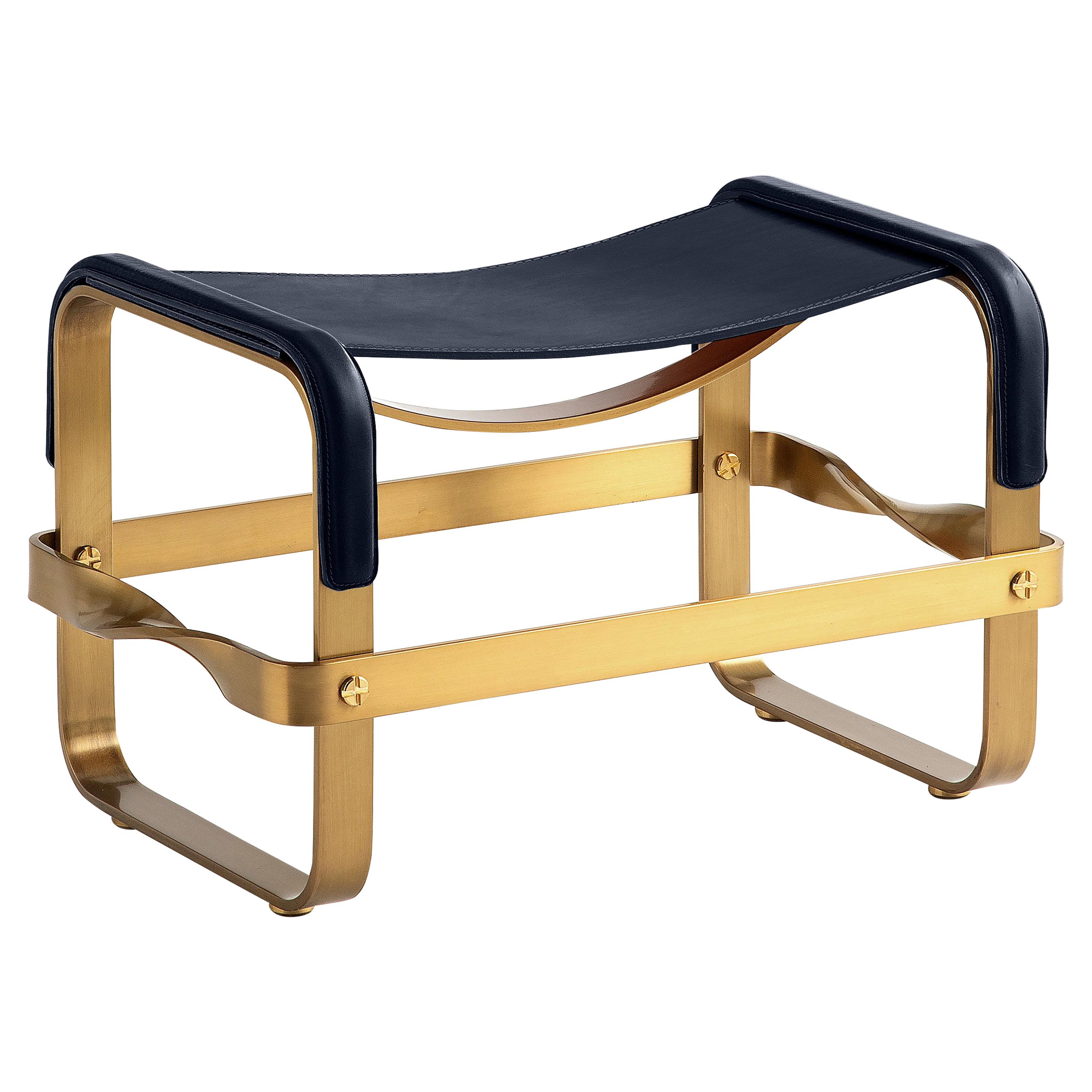 Footstool Aged Brass Steel & Navy Blue Leather, Contemporary Style For Sale