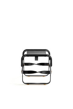 Footstool Black Smoke Steel & Black Leather, Contemporary Style Sample