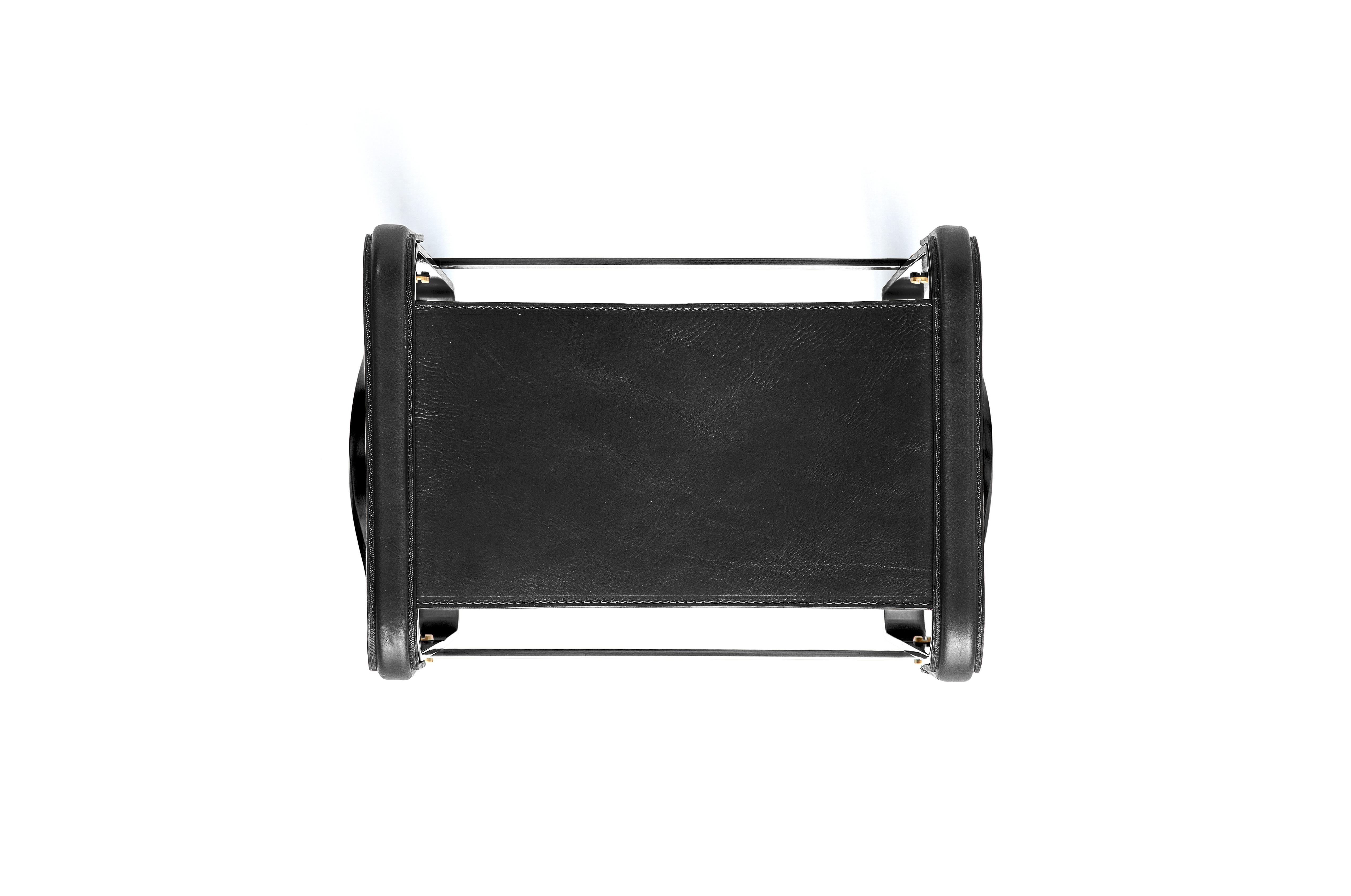 Spanish Footstool Black Smoke Steel & Black Leather, Contemporary Style Sample For Sale