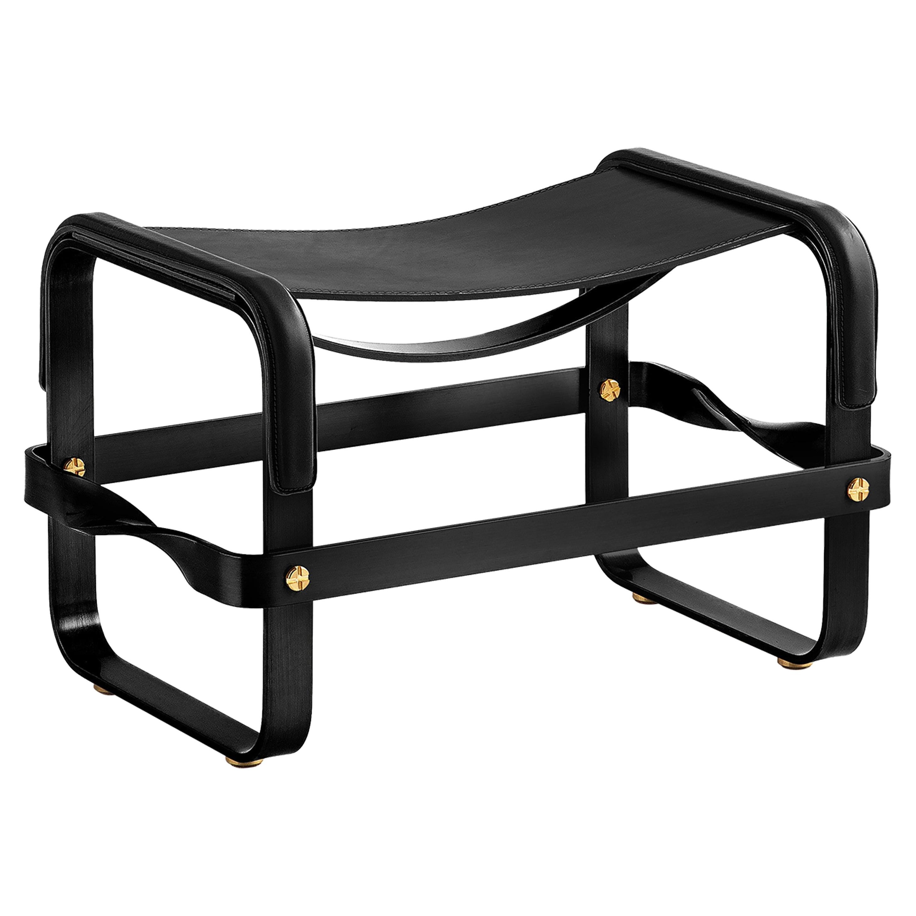 Footstool Black Smoke Steel & Black Leather, Contemporary Style For Sale