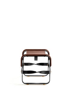 Footstool Black Smoke Steel & Dark Brown Leather, Contemporary Style
