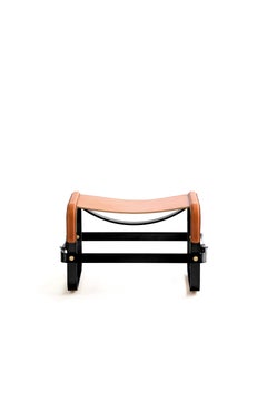 Footstool Black Smoke Steel & Natural Tobacco Leather, Contemporary Style