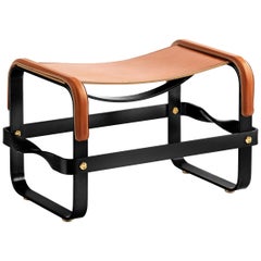 Footstool Black Smoke Steel & Natural Tobacco Leather, Contemporary Style