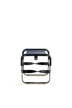 Footstool Black Smoke Steel & Navy Blue Leather, Contemporary Style