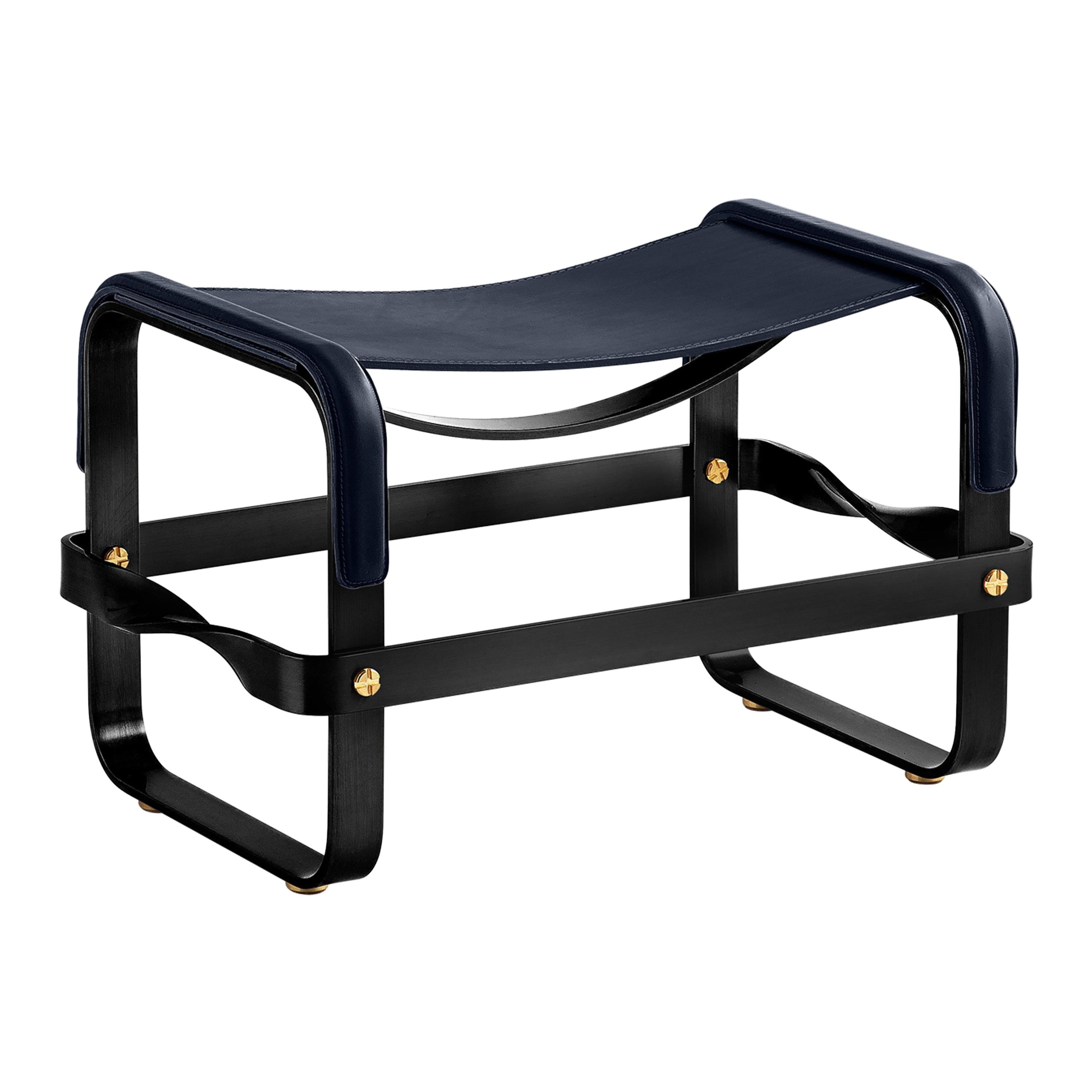 Footstool Black Smoke Steel & Navy Blue Leather, Contemporary Style For Sale