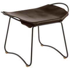 Footstool Black Steel and Dark Brown Saddle Leather, Modern Style, HUG