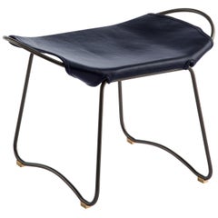 Footstool Black Steel and Navy Saddle Leather, Modern Style, HUG