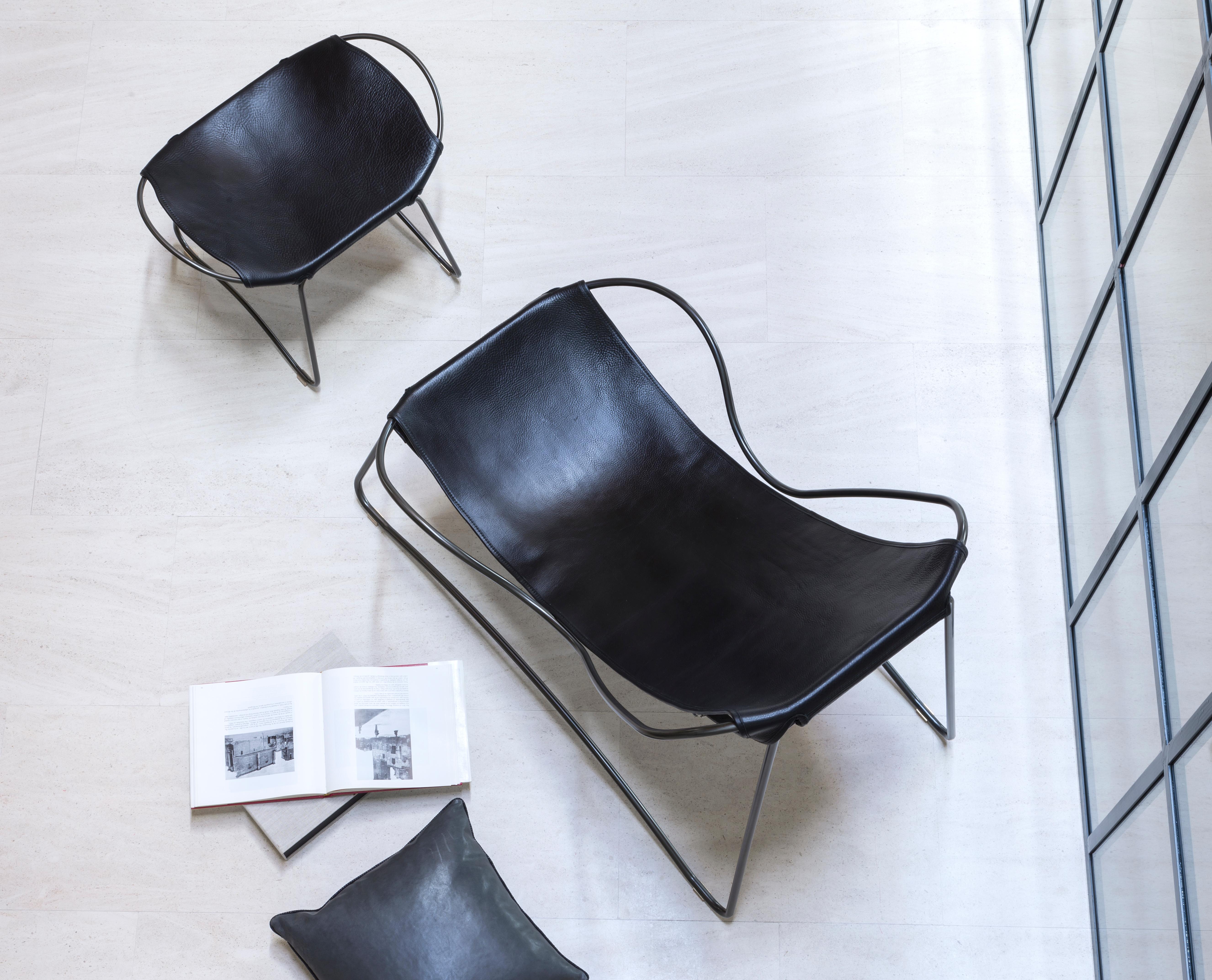 Footstool, Brass Steel and Black Saddle Leather, Modern Style, Hug Collection In New Condition For Sale In Alcoy, Alicante