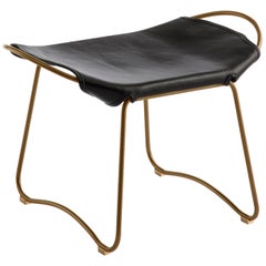 Footstool, Brass Steel and Black Saddle Leather, Modern Style, Hug Collection