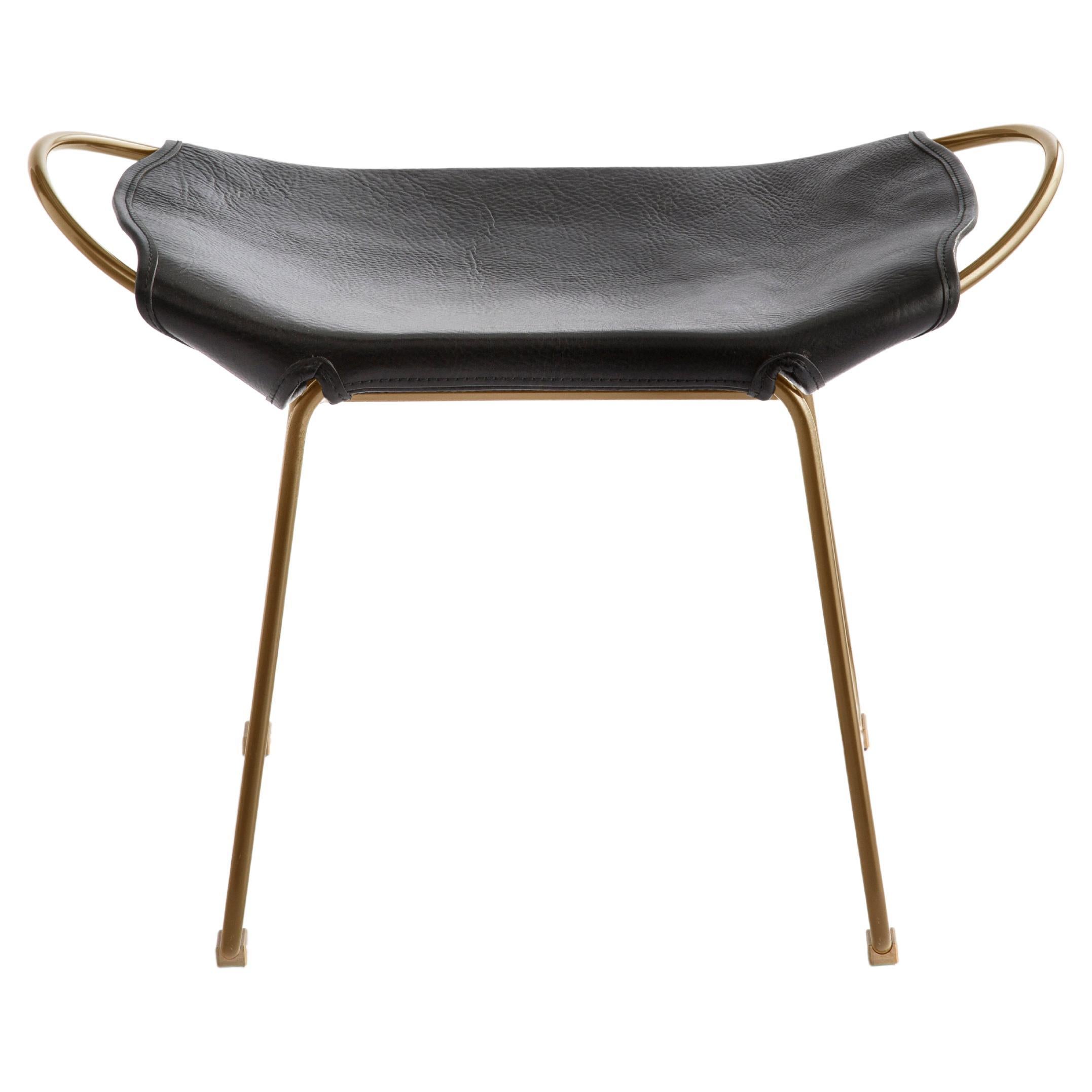 Poggiapiedi, acciaio ottone e pelle nera, stile moderno, collezione Hug