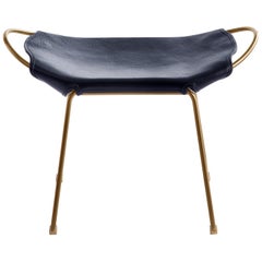 Footstool, Brass Steel and Blue Saddle Leather, Hug Collection