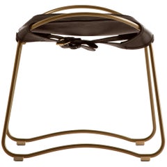 Footstool Brass Steel and Dark Brown Saddle Leather, Hug Collection