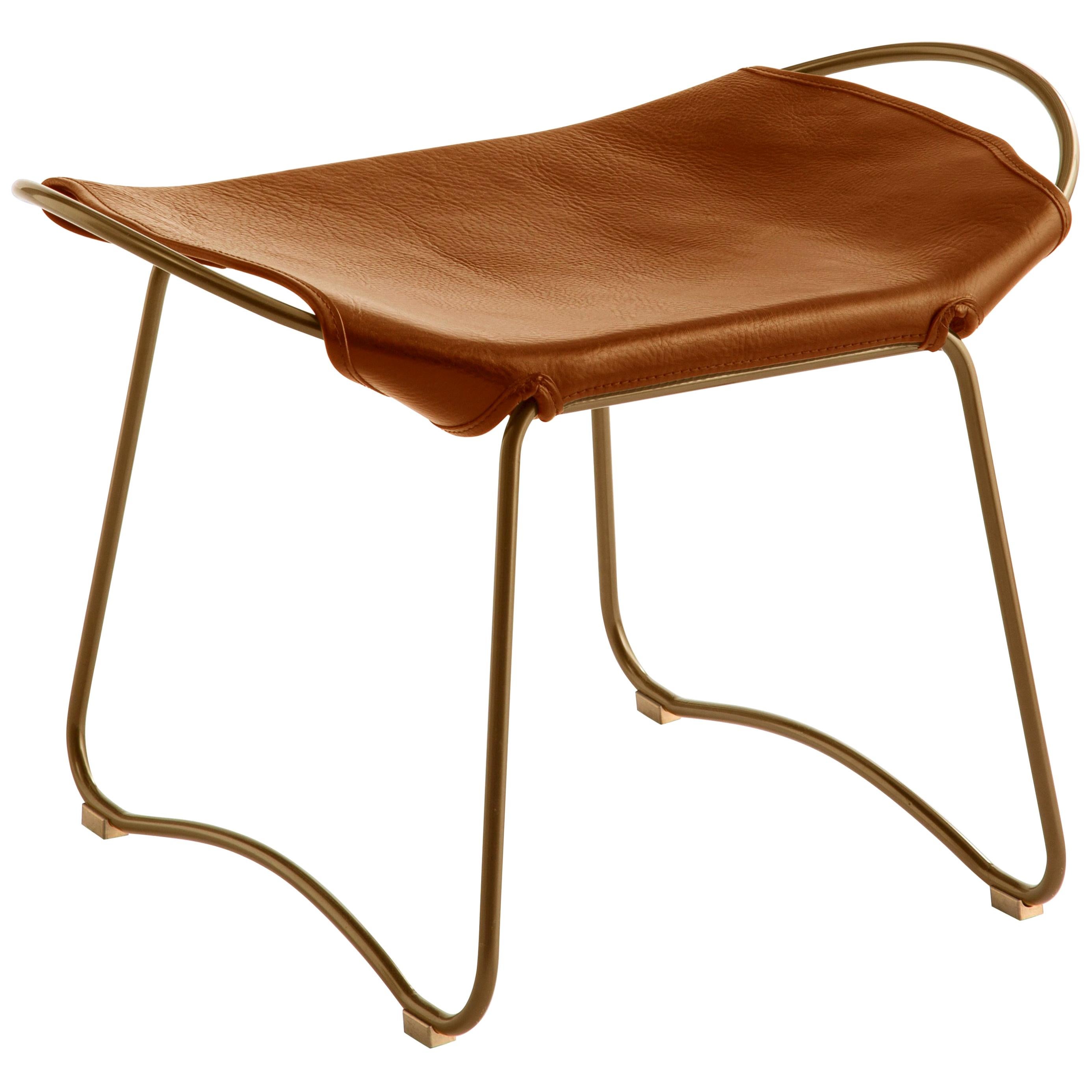 Footstool Brass Steel and Tobacco Leather, Modern Style, Hug Collection