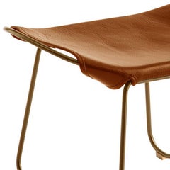 Footstool Brass Steel and Tobacco Leather, Modern Style, Hug Collection