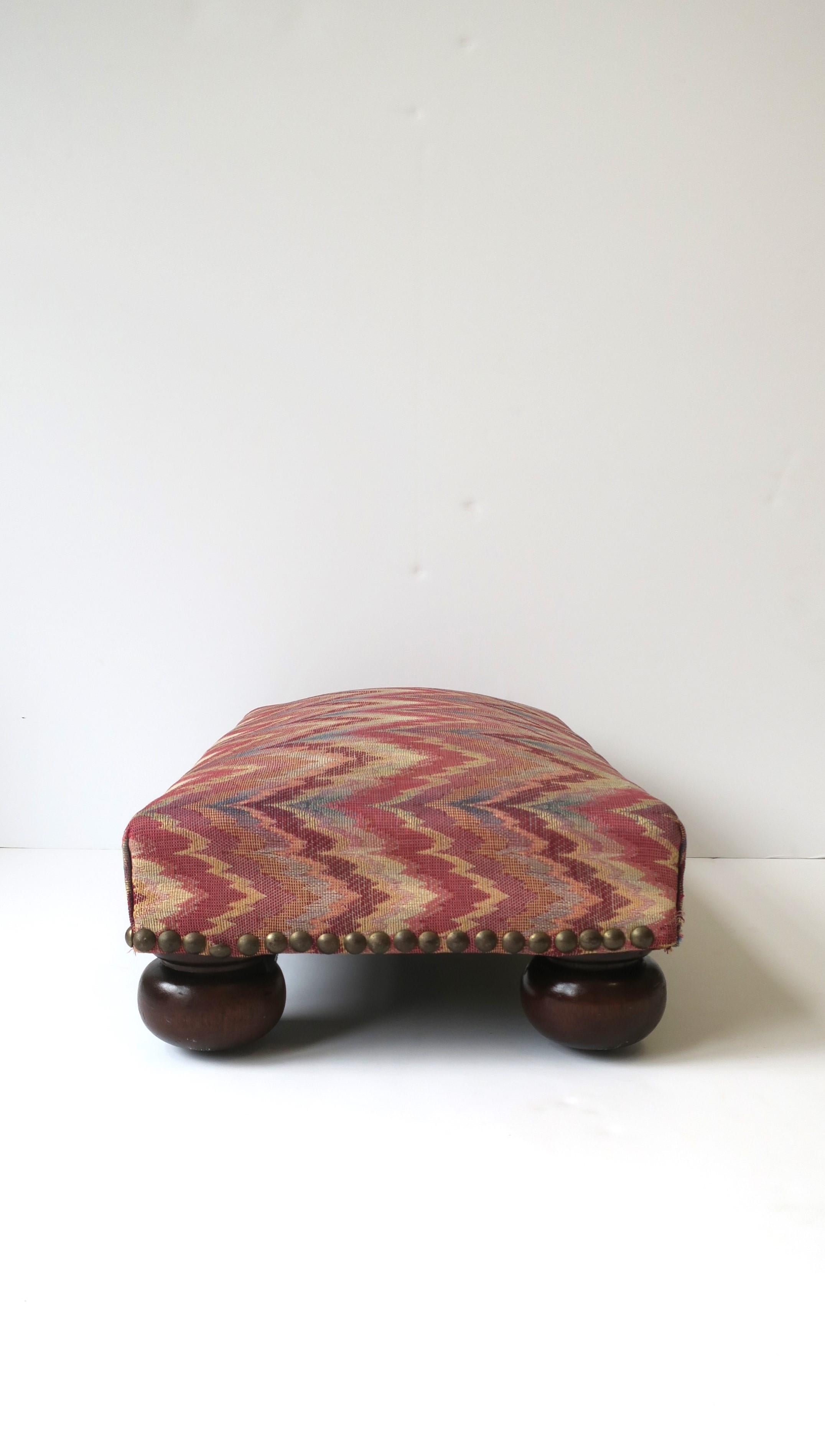 Footstool Bun Feet Schumacher Flamestitch Upholstery Nail Head Design In Good Condition For Sale In New York, NY