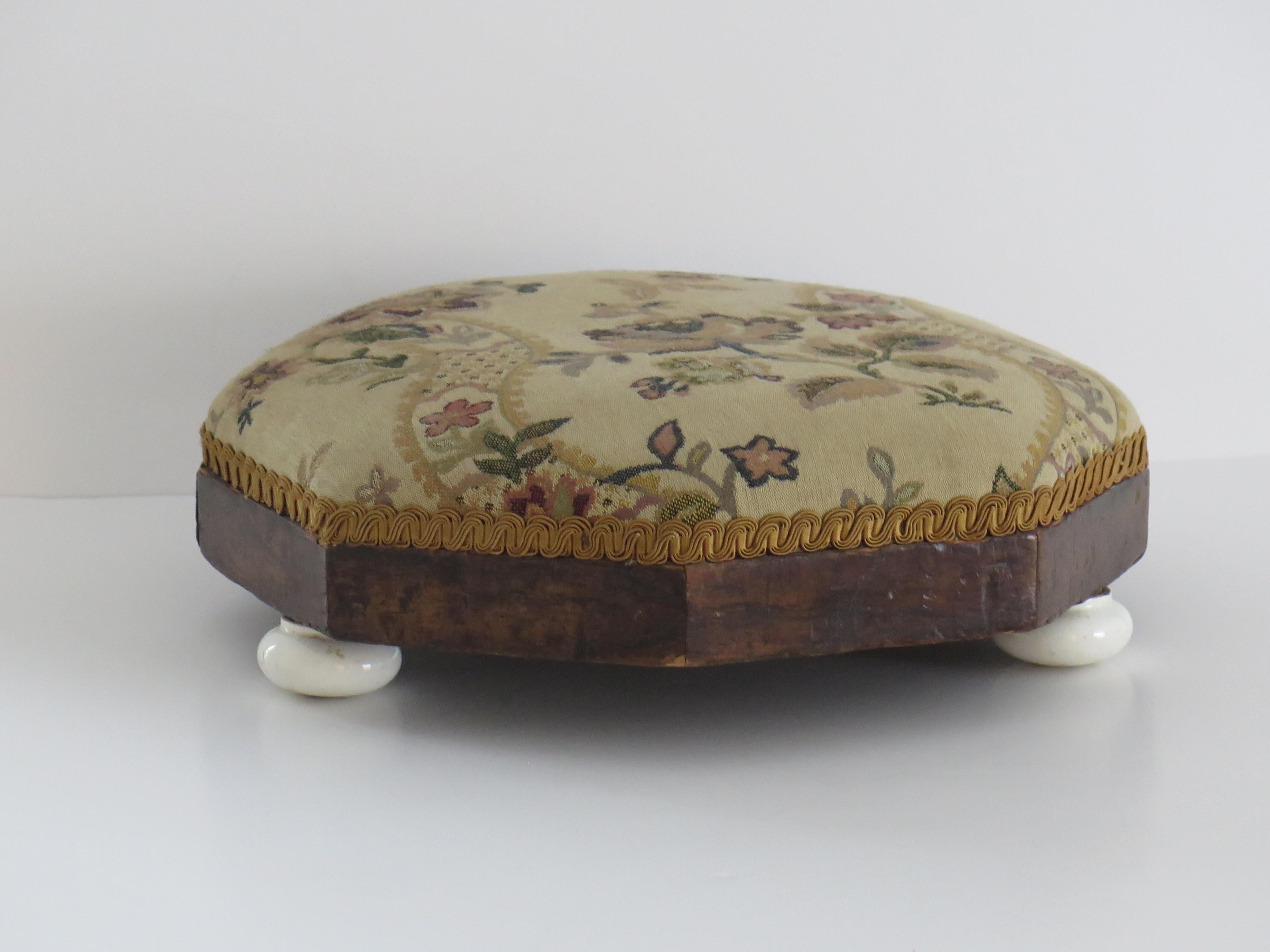 English Footstool Early Victorian with Octagonal Walnut Frame & Tapestry Top, ca 1840  For Sale