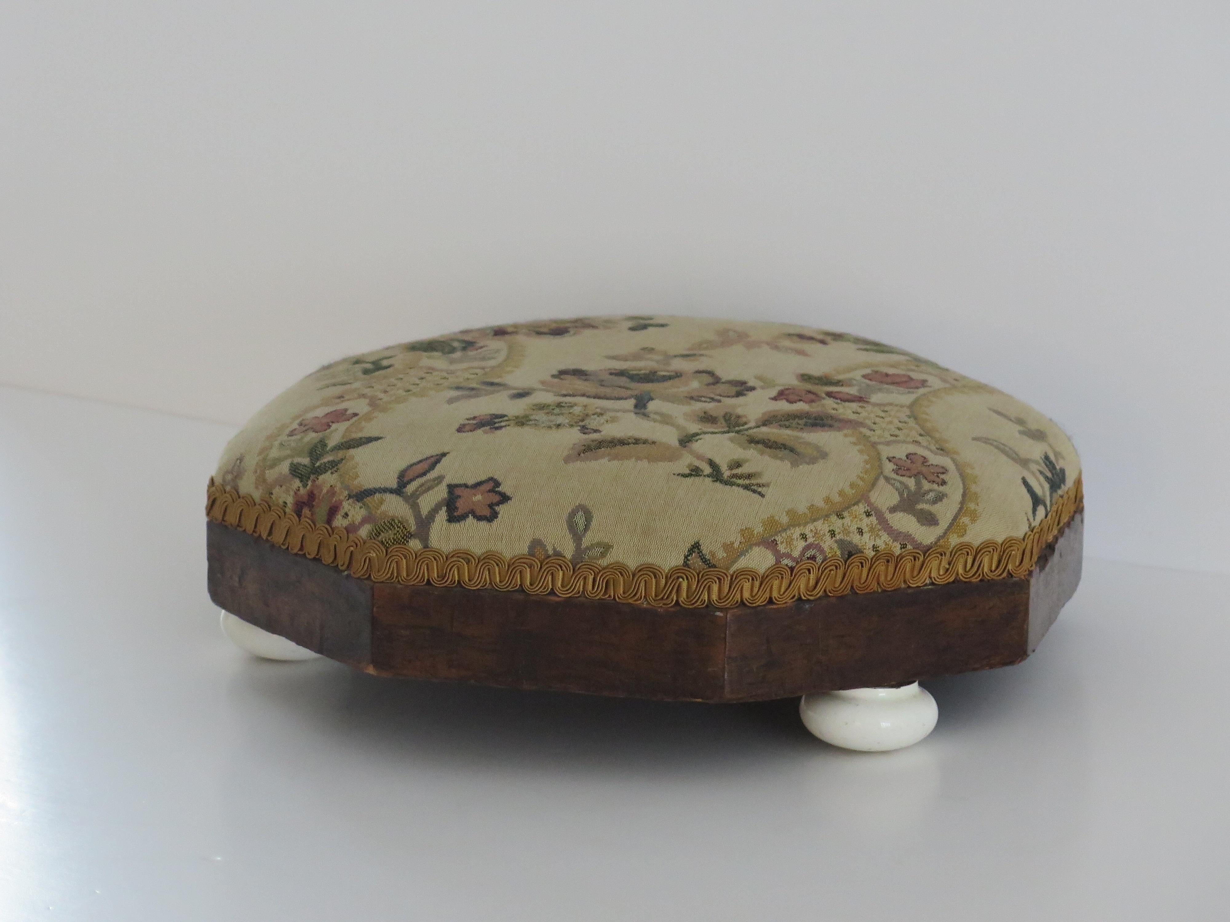 Glazed Footstool Early Victorian with Octagonal Walnut Frame & Tapestry Top, ca 1840  For Sale