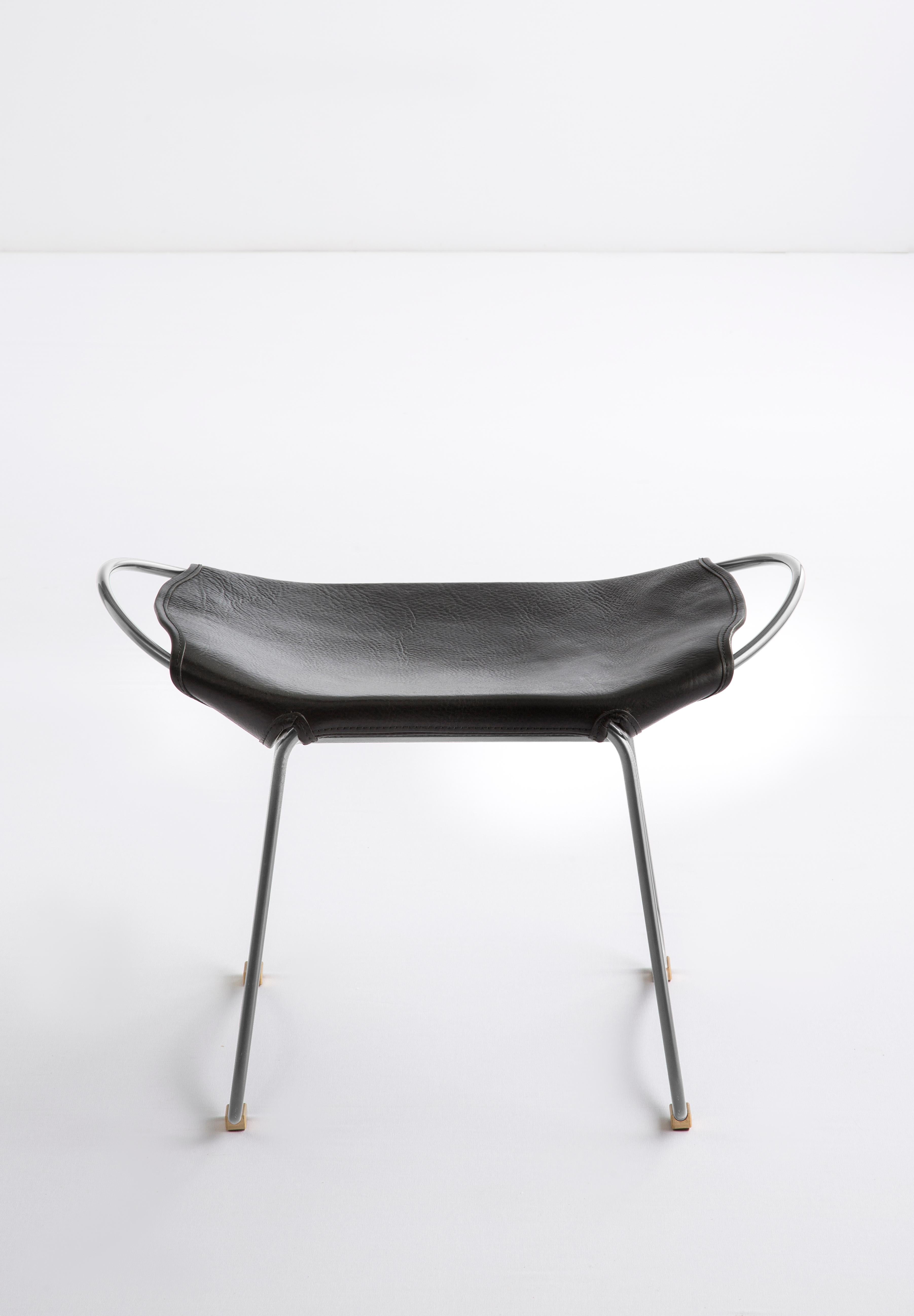 Spanish Footstool Silver Steel and Black Saddle Leather, Modern Style, Hug Collection For Sale