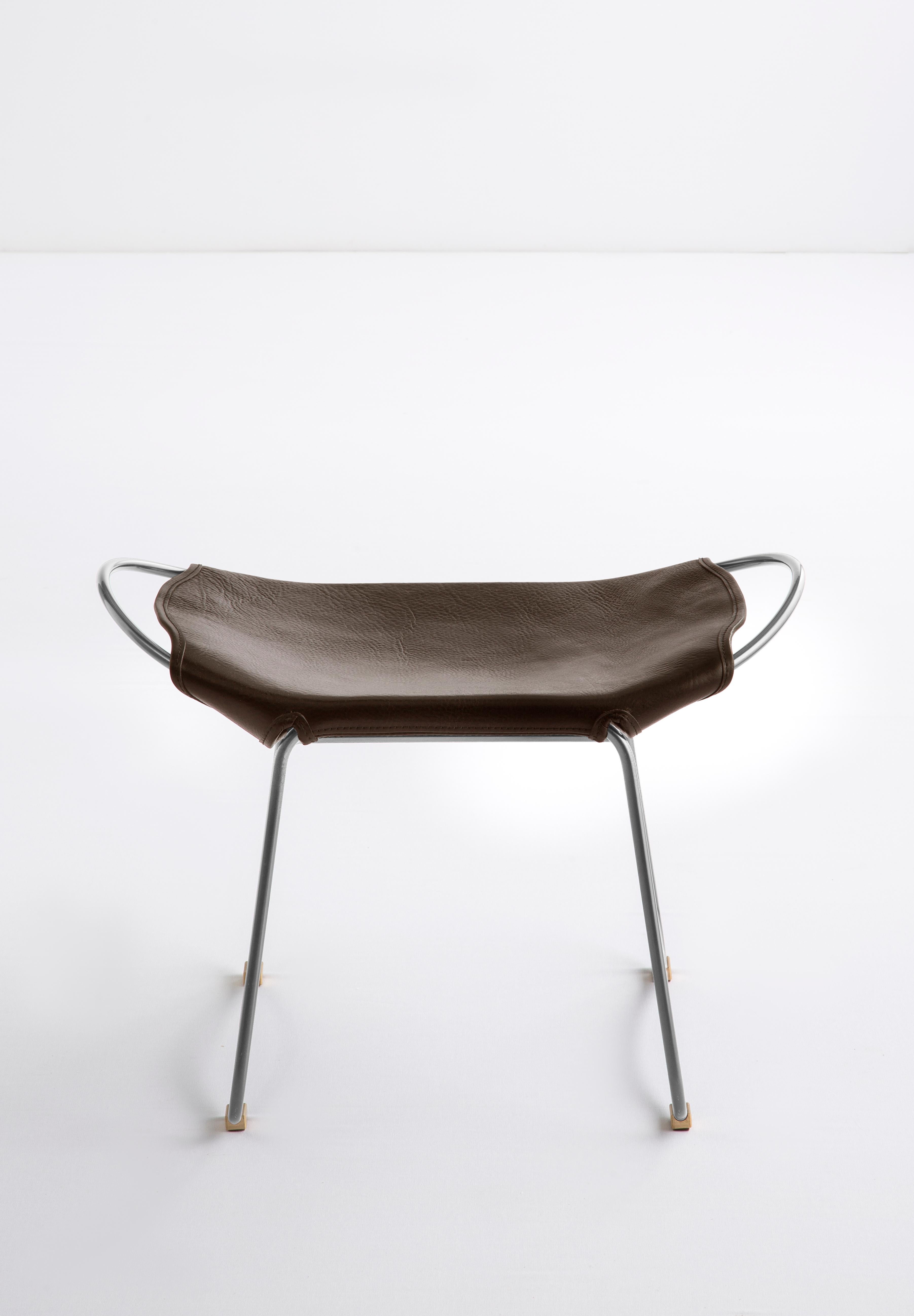 Spanish Footstool, Silver Steel and Dark Brown Saddle Leather, Modern Style, Hug For Sale