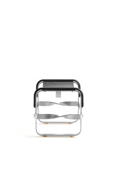 Footstool Old Silver Steel & Black Saddle Leather, Contemporary Style