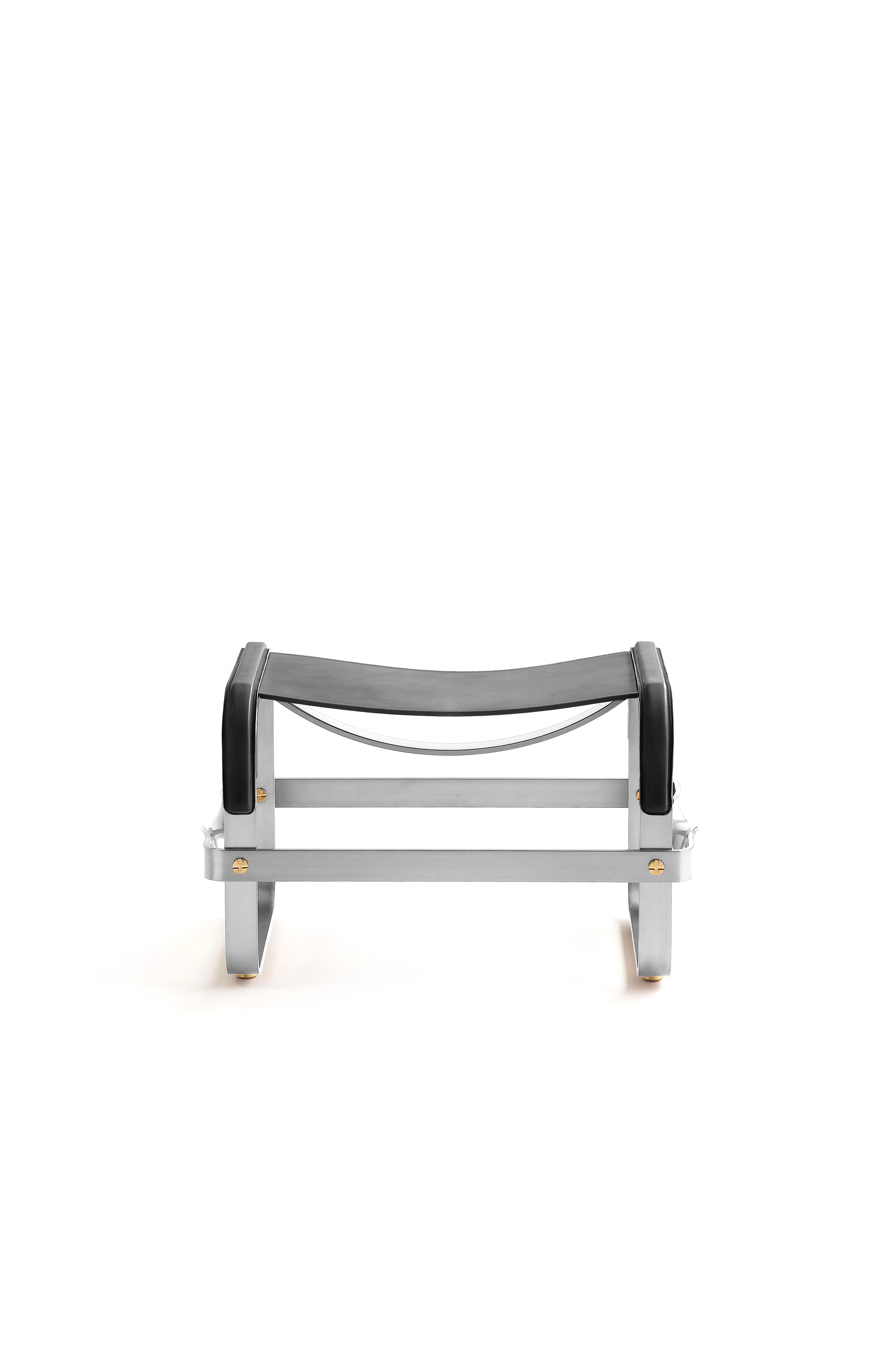 Modern Footstool Old Silver Steel & Black Saddle Leather, Contemporary Style For Sale