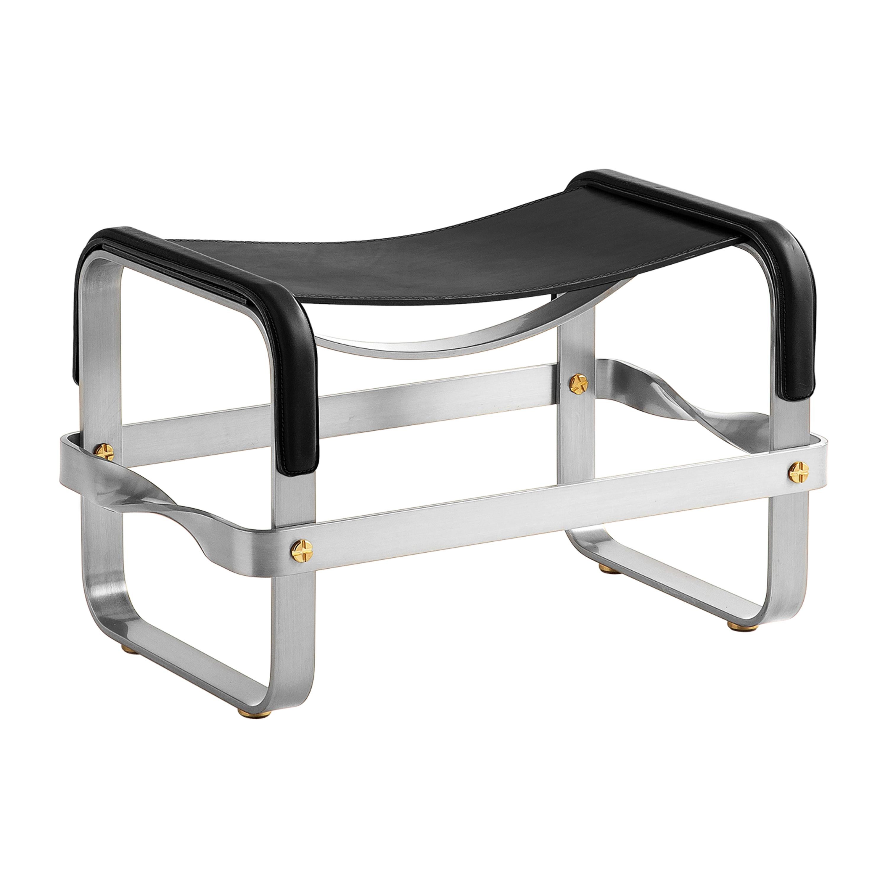 Footstool Old Silver Steel & Black Saddle Leather, Contemporary Style For Sale