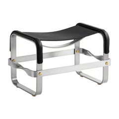 Footstool Old Silver Steel & Black Saddle Leather, Contemporary Style