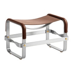 Footstool Old Silver Steel & Dark Brown Saddle Leather, Contemporary Style
