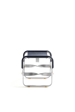 Footstool Old Silver Steel & Navy Blue Saddle Leather, Contemporary Style