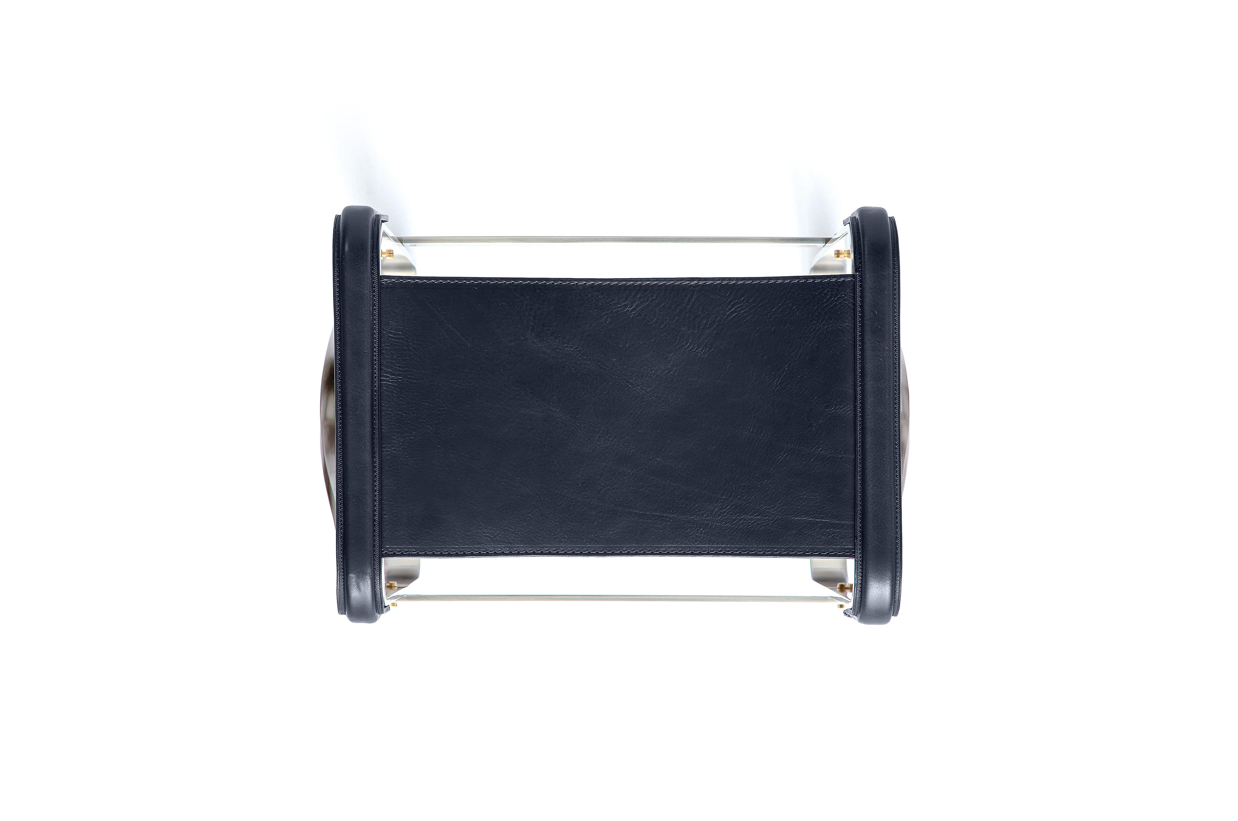 Modern Footstool Old Silver Steel & Navy Blue Saddle Leather, Contemporary Style For Sale