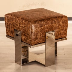 Footstool or Stool Everest Faux Crocodile Leather and Nickel-Plated Solid Brass