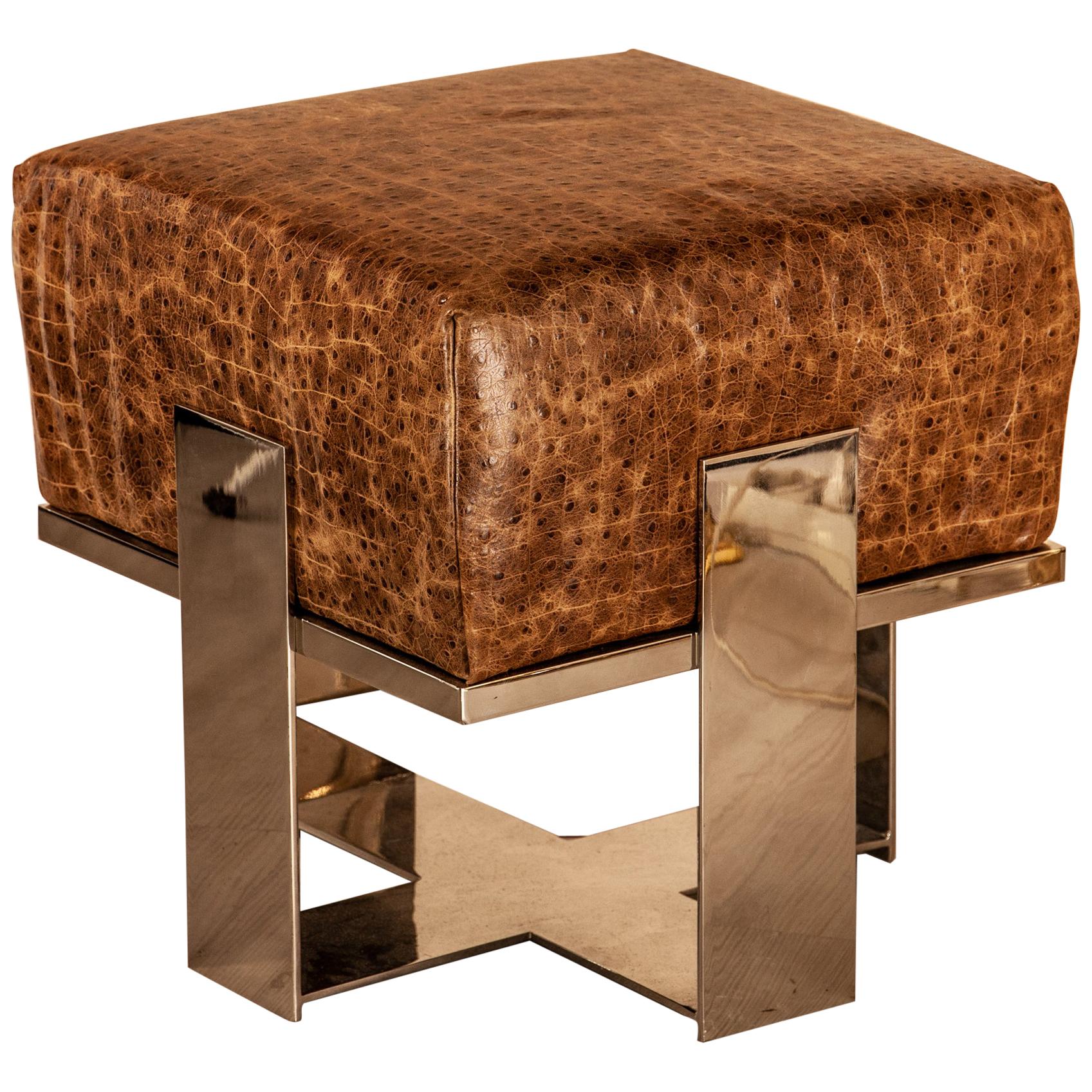 Footstool or Stool Everest Faux Crocodile Leather and Nickel-Plated Solid Brass im Angebot