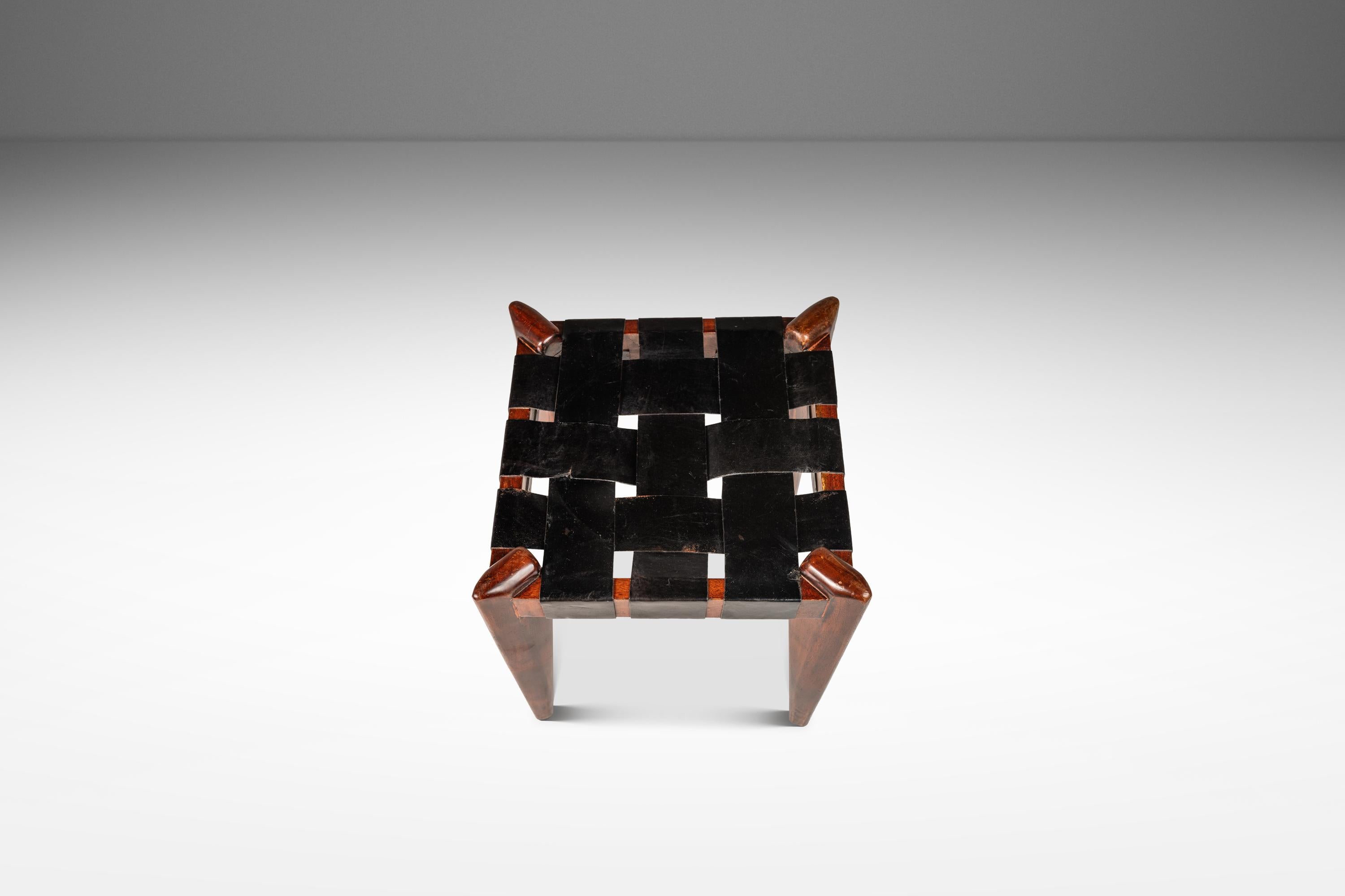 Mid-Century Modern Footstool / Ottoman in Solid Teak & Leather by Edmond J. Spence, USA, c. 1950s For Sale