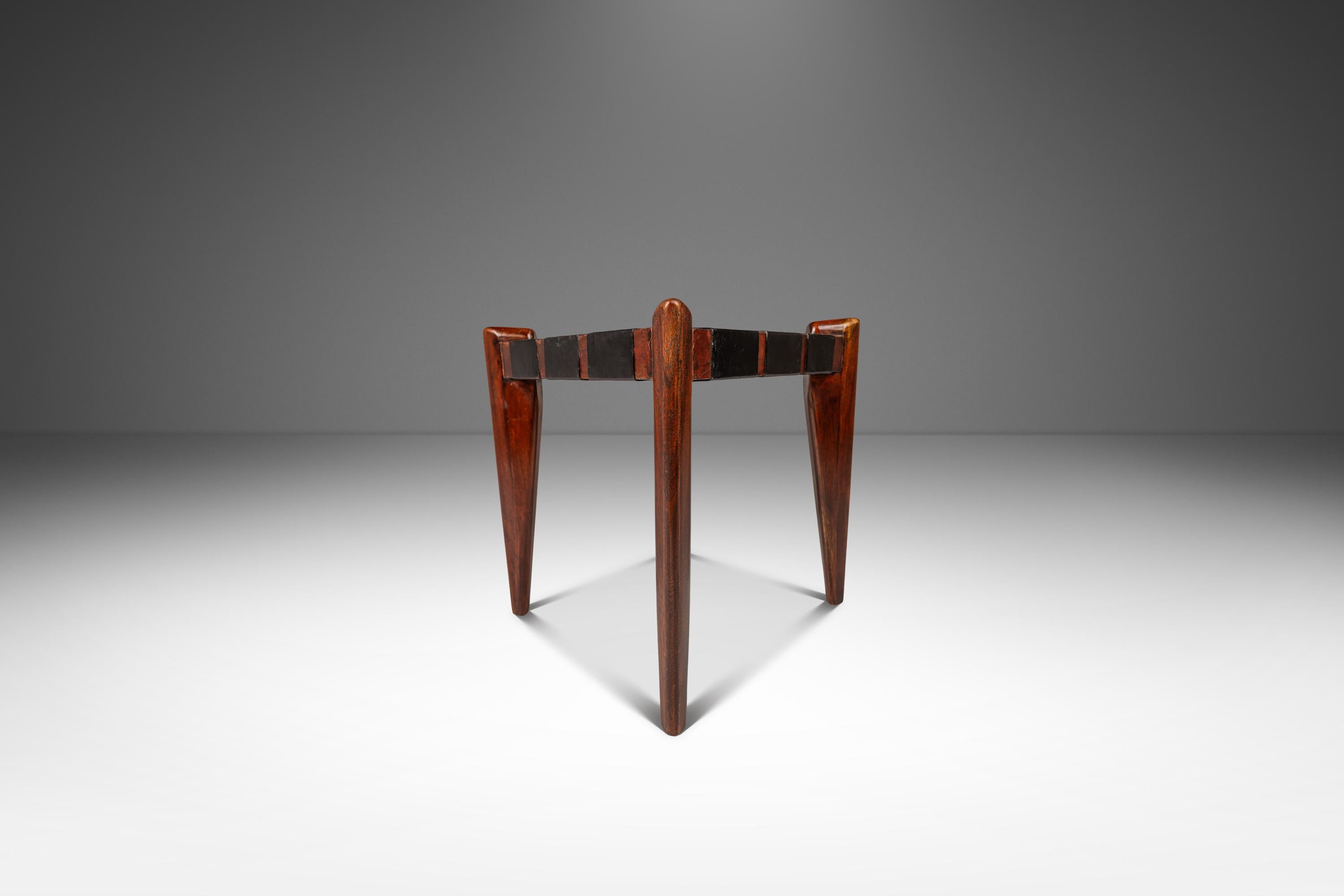 American Footstool / Ottoman in Solid Teak & Leather by Edmond J. Spence, USA, c. 1950s For Sale