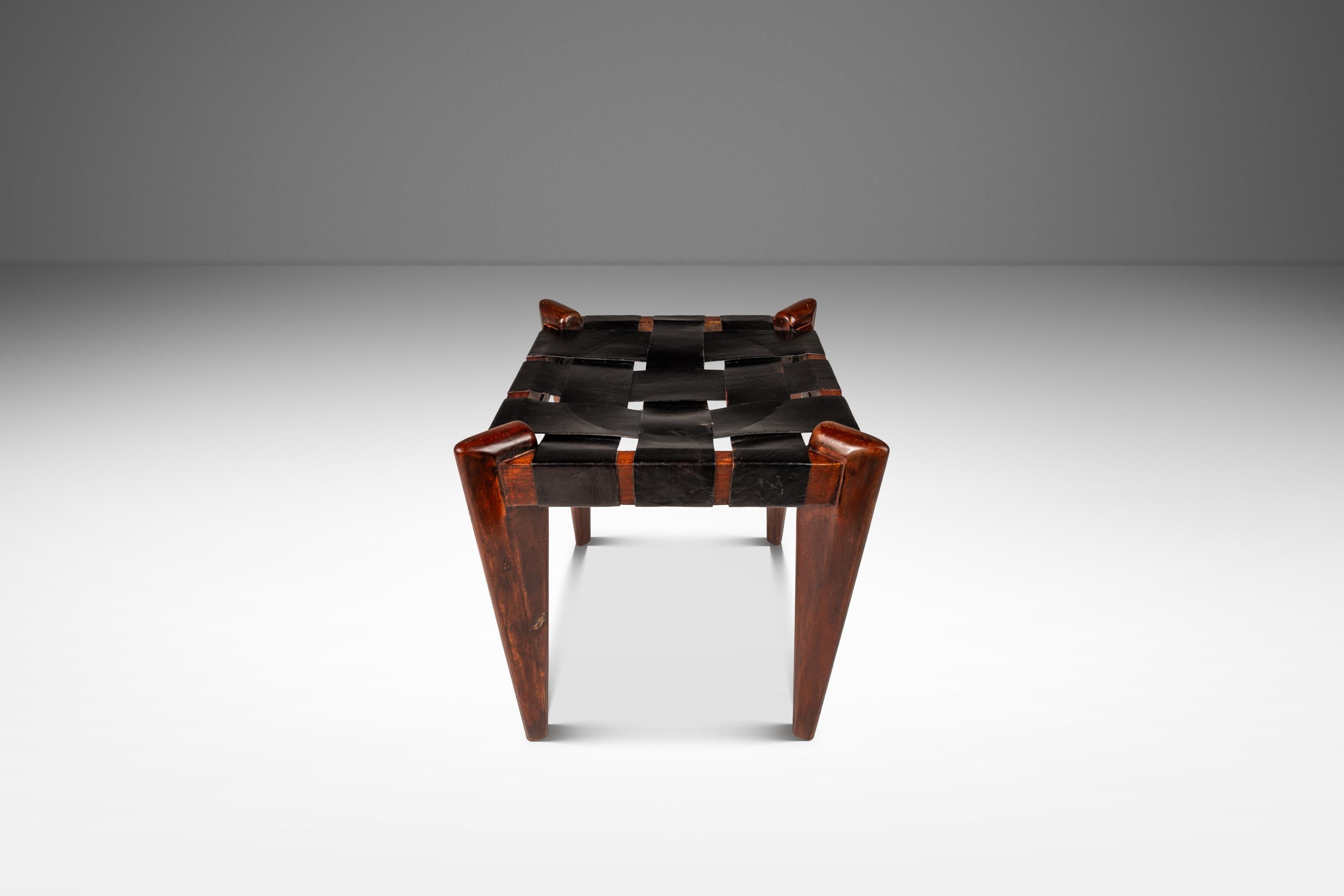 Mid-20th Century Footstool / Ottoman in Solid Teak & Leather by Edmond J. Spence, USA, c. 1950s For Sale