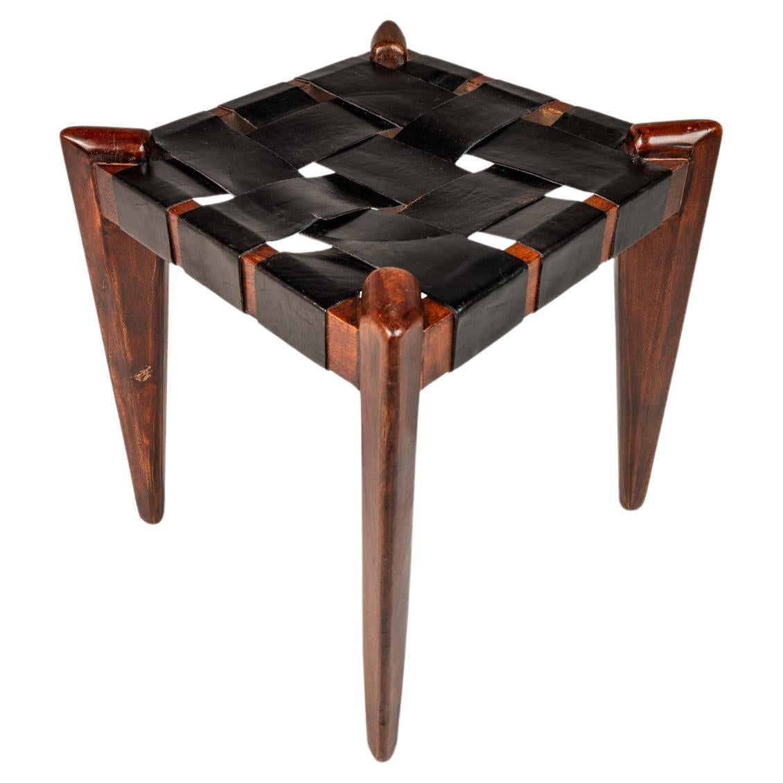 Footstool / Ottoman in Solid Teak & Leather by Edmond J. Spence, USA, c. 1950s For Sale