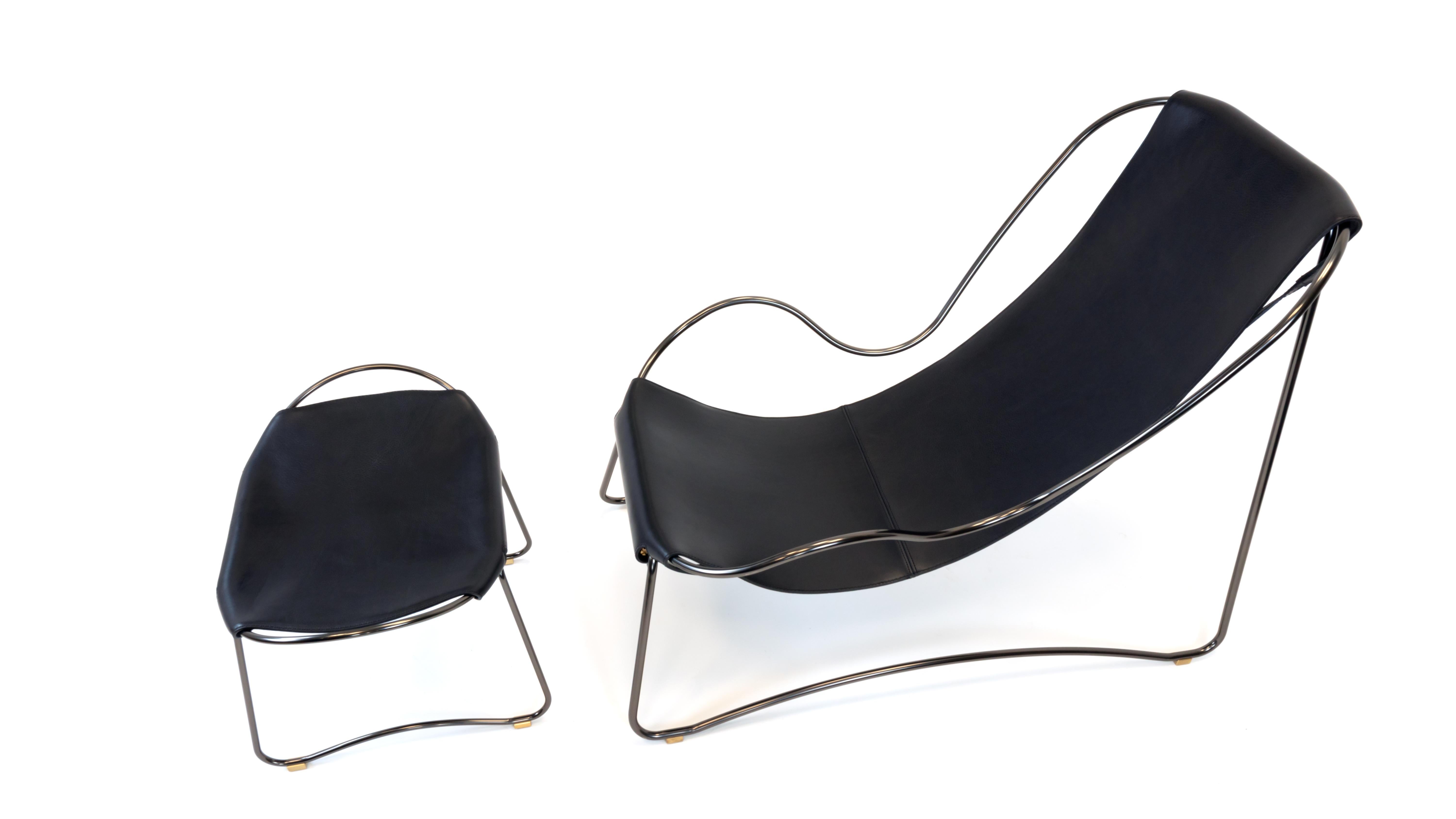 Footstool Silver Steel and Black Saddle Leather, Modern Style, Hug Collection For Sale 8