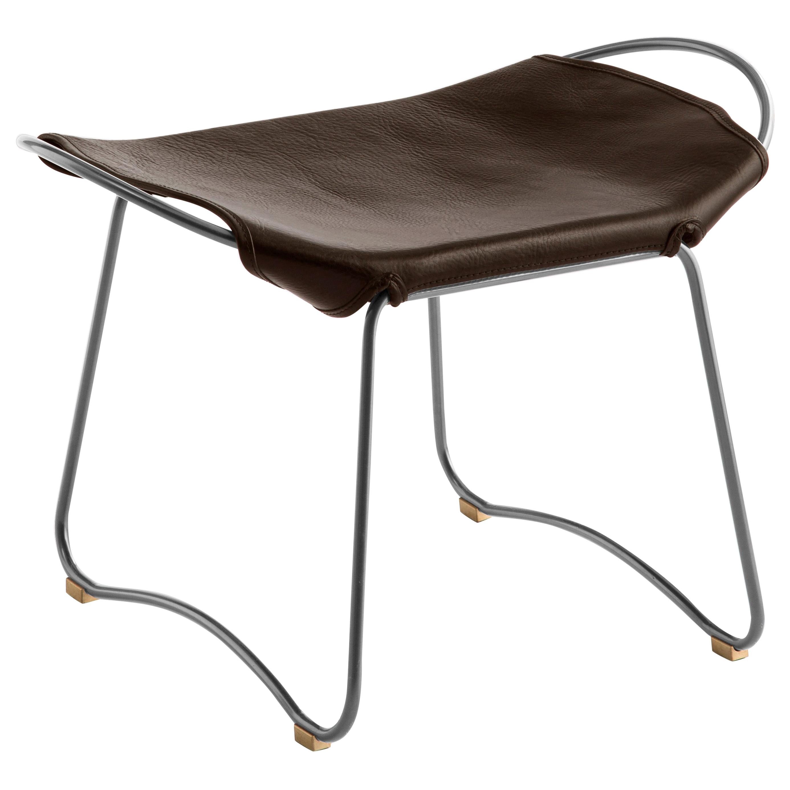 Footstool, Silver Steel and Dark Brown Saddle Leather, Modern Style, Hug For Sale